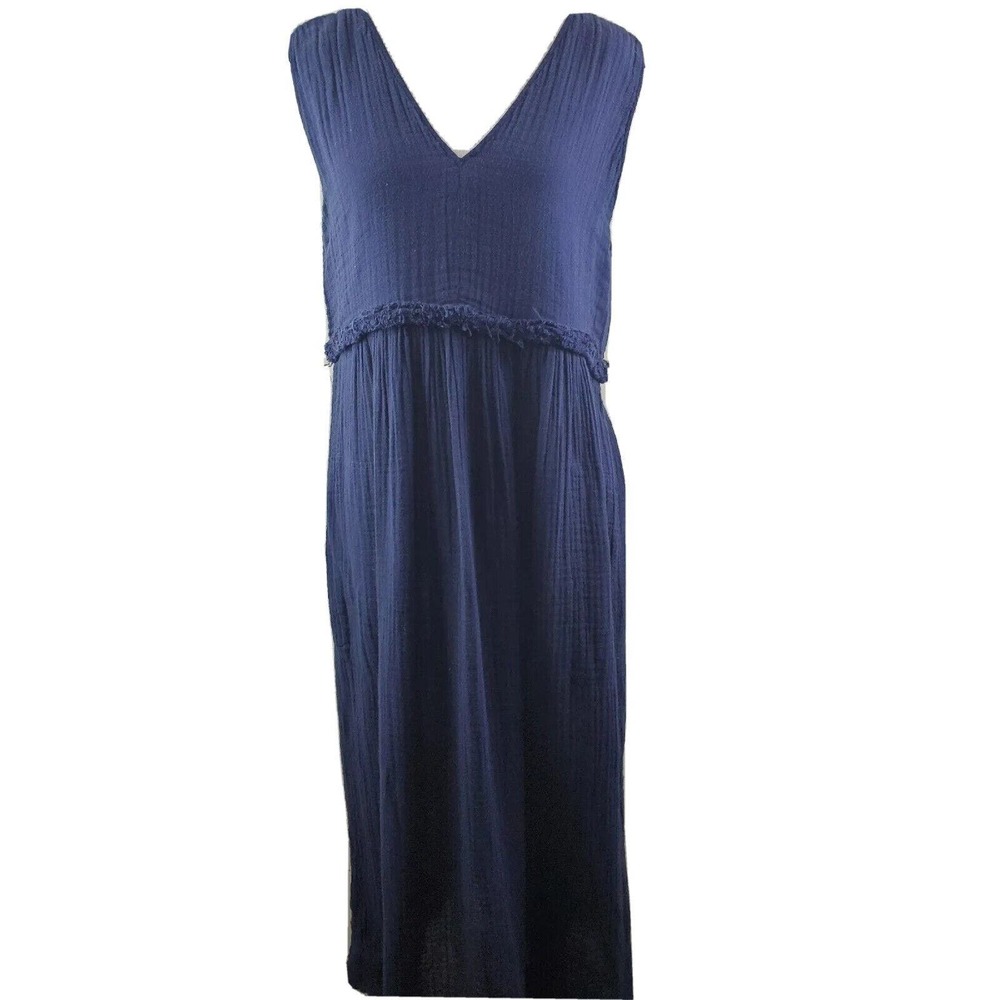Raquel Allegra 0 Dress‎ blue MAXI 100% Cotton Gauze V-NECK XS Made in USA